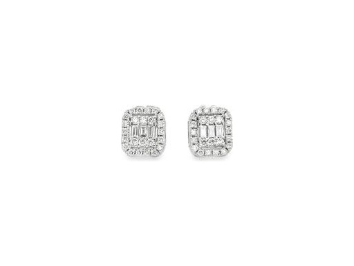 18K White Gold Stud Earrings with Natural Baguette and Round Diamonds